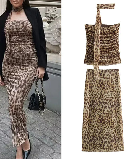 2-Piece Leopard Print Tulle Crop Top Set for Women