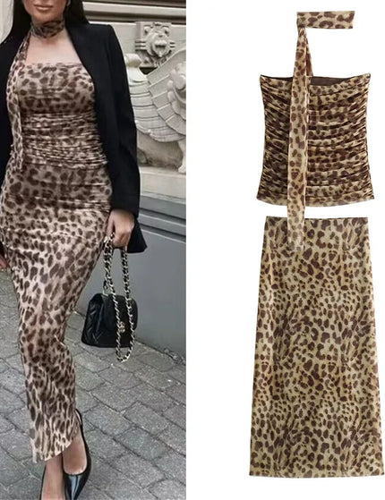 2-Piece Leopard Print Tulle Crop Top Set for Women
