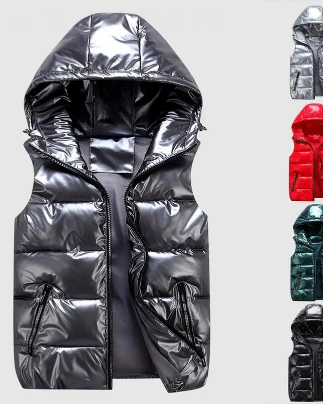 Women's Glossy Hooded Vest Jacket with Zipper Pockets - Classic Fit