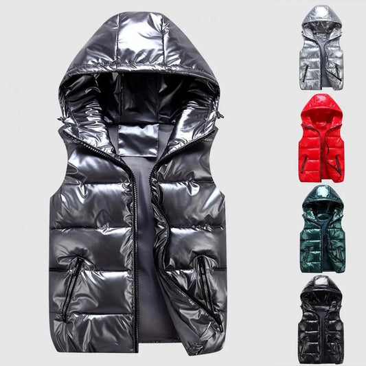 Women's Glossy Hooded Vest Jacket with Zipper Pockets - Classic Fit
