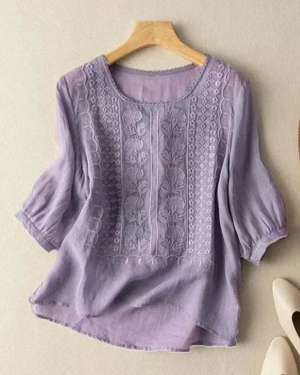 Women's Retro O-Neck Embroidered Half Sleeve Loose Casual Ruched Cotton Blouse