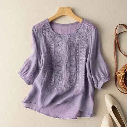 Women's Retro O-Neck Embroidered Half Sleeve Loose Casual Ruched Cotton Blouse