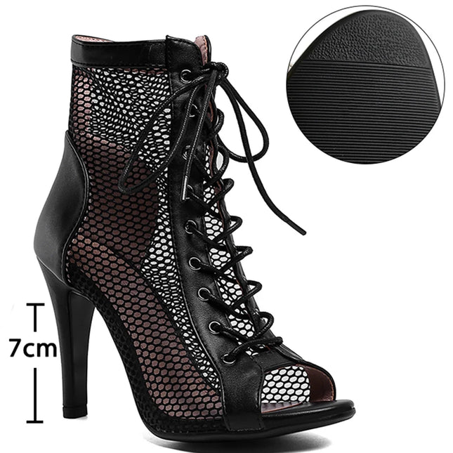 Womens Lace-up Hollow Mesh Heels
