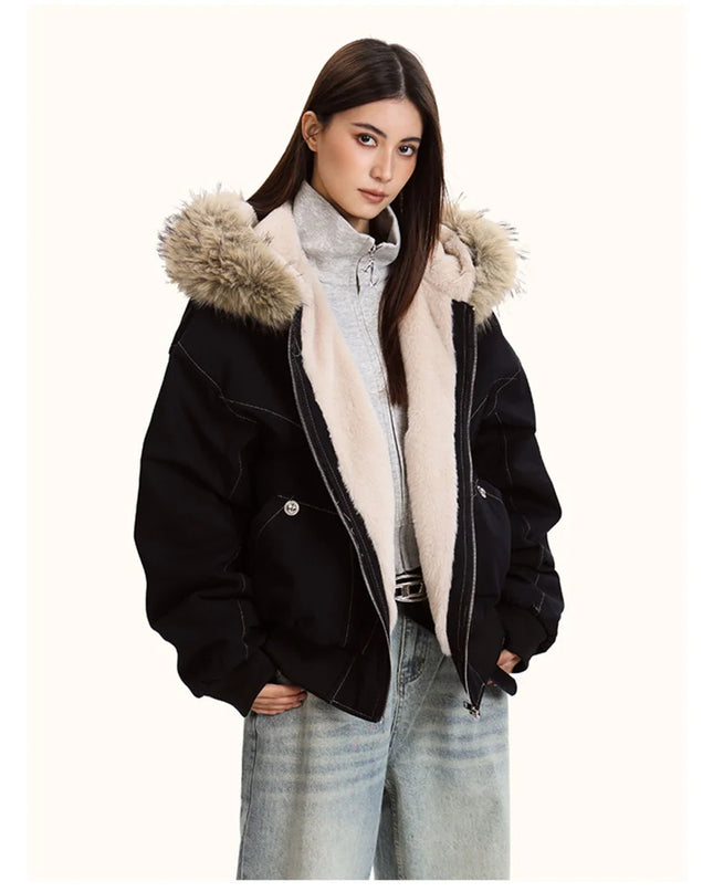 Unisex Fur Collar Hooded Parkas - Thicken Padded Casual Jackets with Zipper