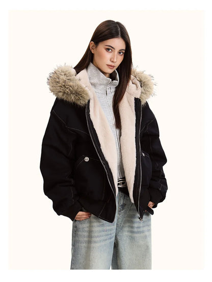 Unisex Fur Collar Hooded Parkas - Thicken Padded Casual Jackets with Zipper
