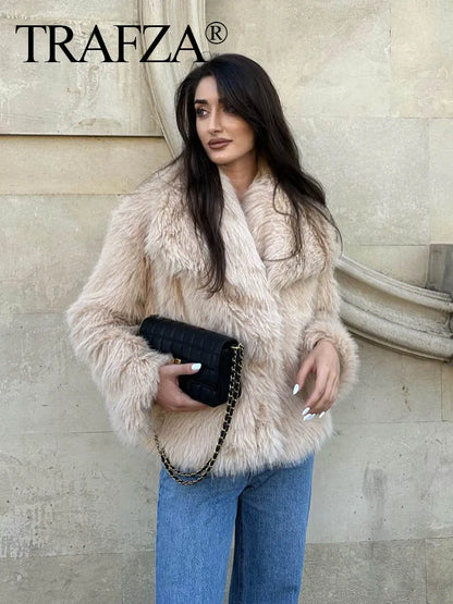 Women's Faux Fur Jacket with Lapel Collar - Thick & Warm Outerwear by TRAFZA