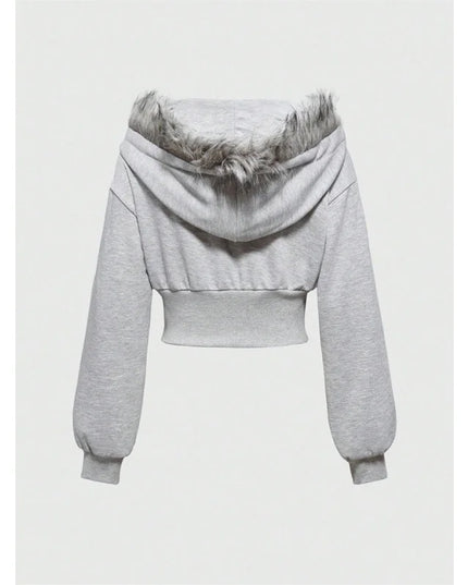 Gothic Print Women's Faux Fur Crop Zip-Up Hoodie Jacket