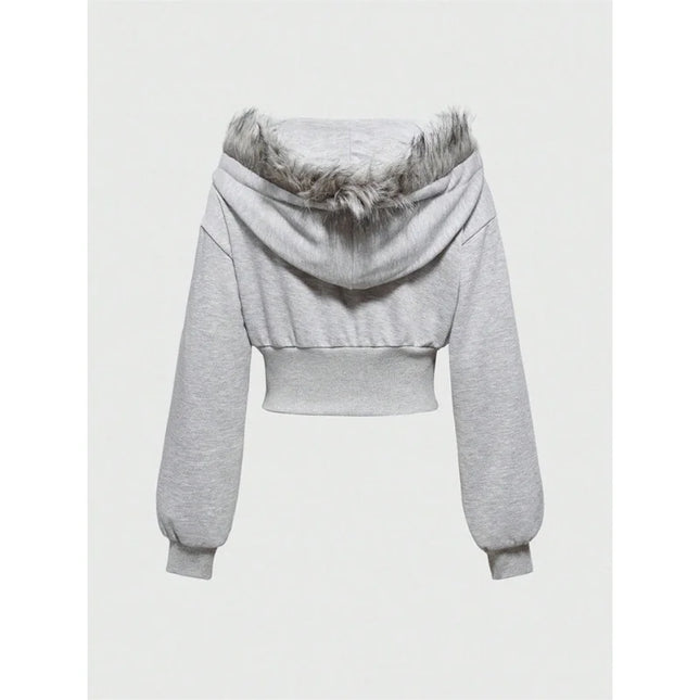 Gothic Print Women's Faux Fur Crop Zip-Up Hoodie Jacket