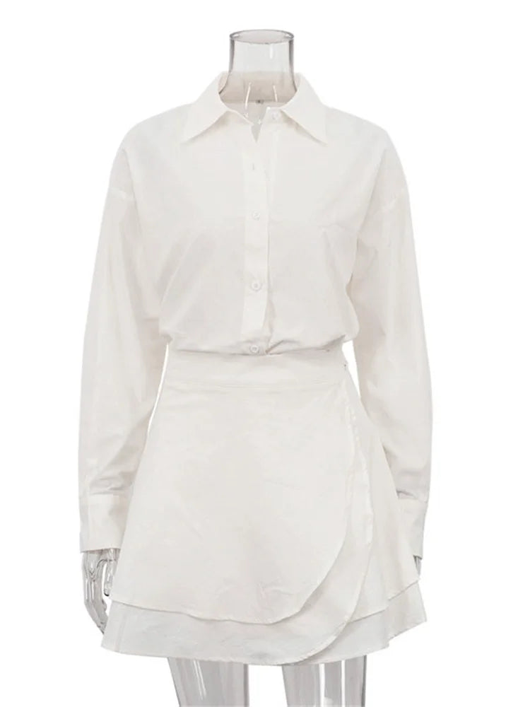 Elegant Women's Two-Piece Set – Long Sleeve Button Shirt & High-Waisted Lace-Up Mini Skirt