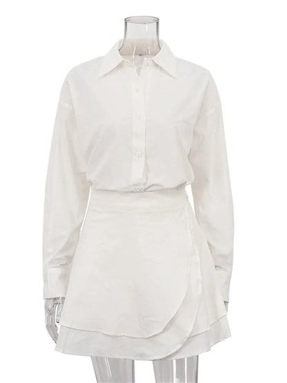 Elegant Women's Two-Piece Set – Long Sleeve Button Shirt & High-Waisted Lace-Up Mini Skirt