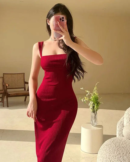 Women's Ribbed Square Neck Bodycon Maxi Dress - Slim Fit