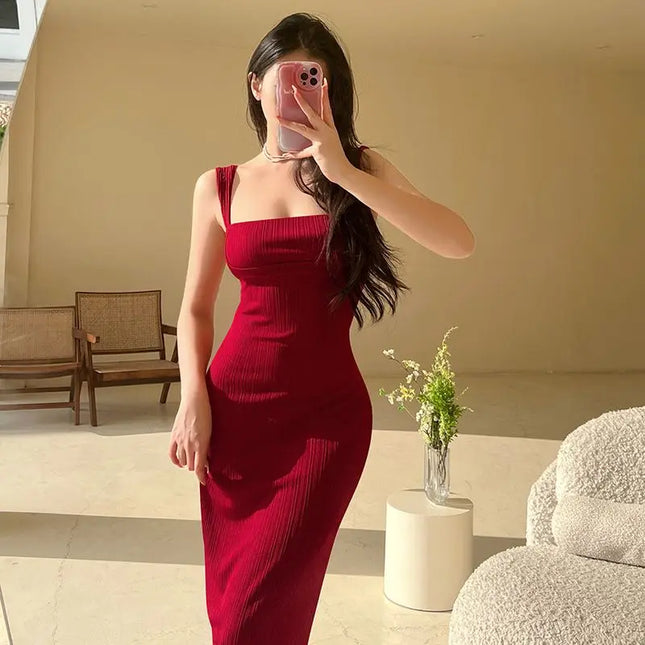 Women's Ribbed Square Neck Bodycon Maxi Dress - Slim Fit