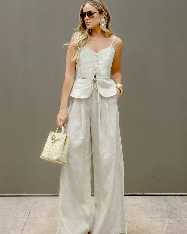 Women's Two-Piece Outfit Set – Sleeveless Vest & High-Waist Wide-Leg Trousers