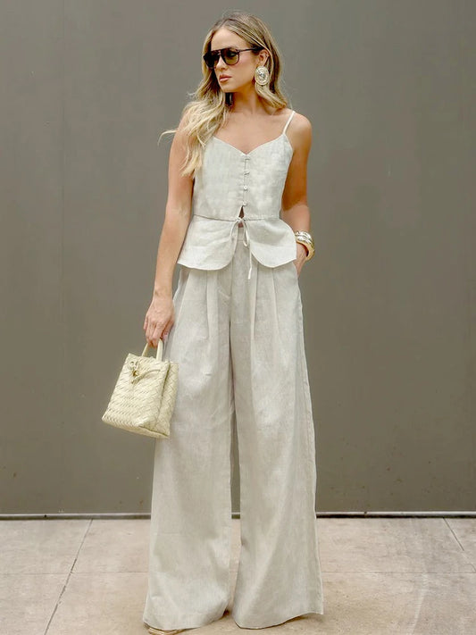 Women's Two-Piece Outfit Set – Sleeveless Vest & High-Waist Wide-Leg Trousers