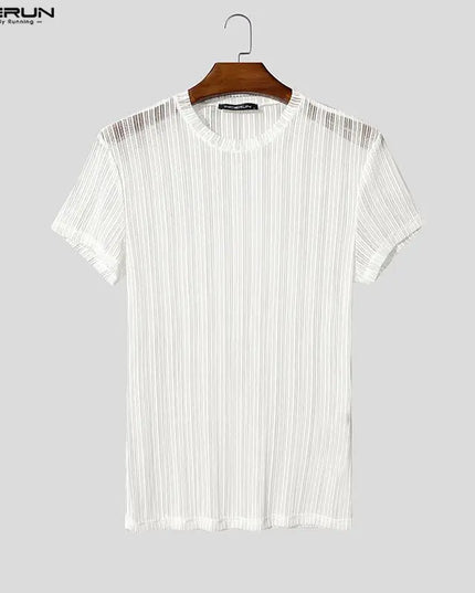 Incerun Men's Mesh See-Through Striped O-Neck T-Shirt