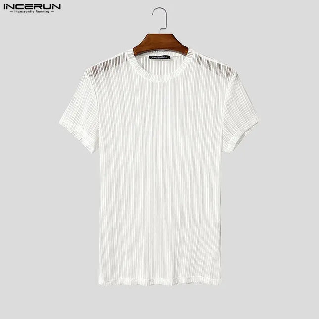 Incerun Men's Mesh See-Through Striped O-Neck T-Shirt
