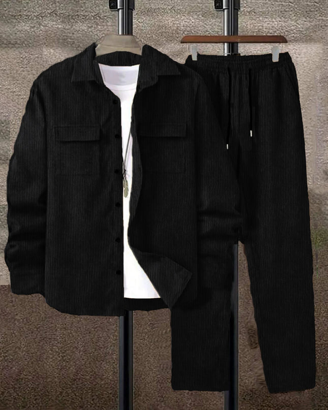 Men's Corduroy 2-Piece Shirt and Pants Set - Long Sleeve Button-Front Casual Outfit for Men