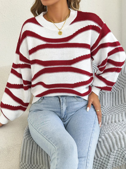 Women's Stripe Sweater - Casual Round Neck Lantern Sleeve Knitted Pullover