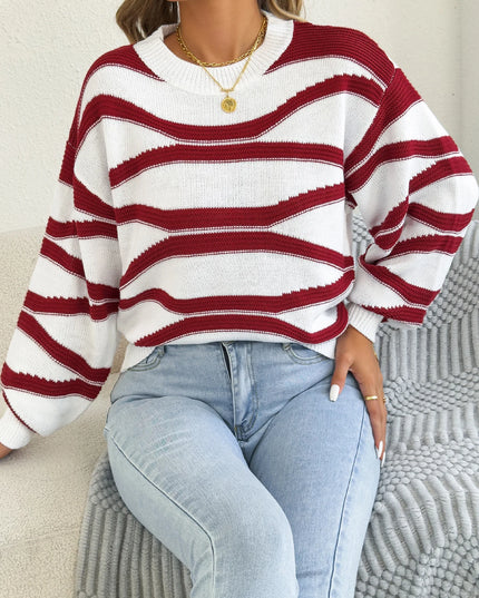 Women's Stripe Sweater - Casual Round Neck Lantern Sleeve Knitted Pullover