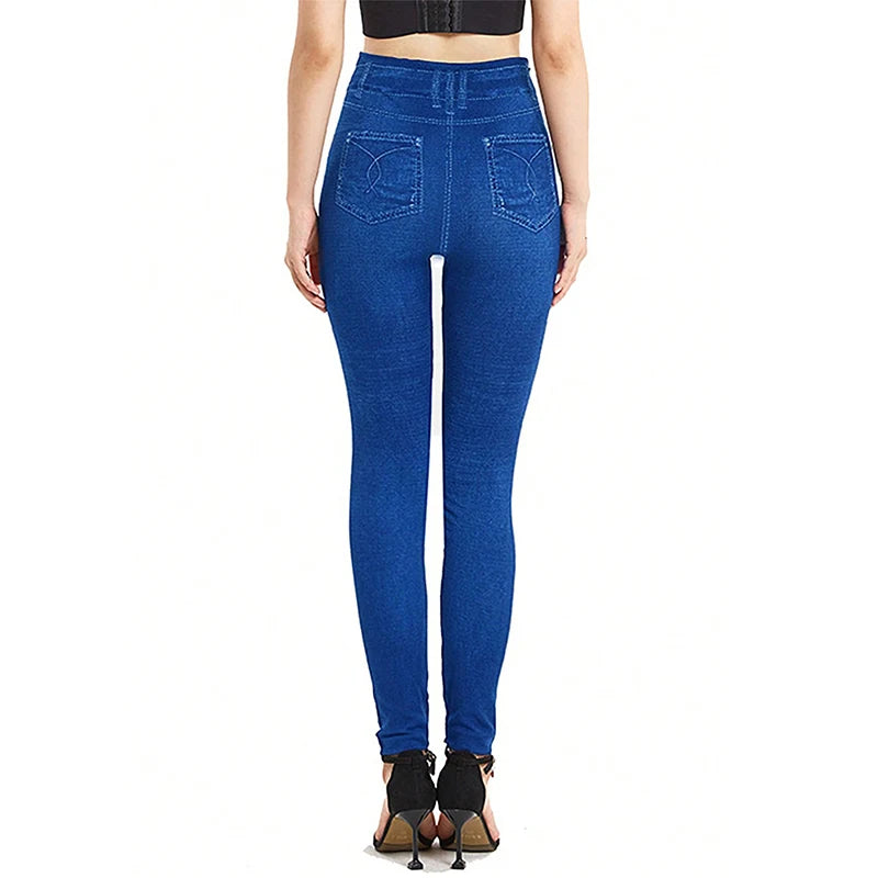 Women's High-Waist Faux Denim Pants with High Elasticity