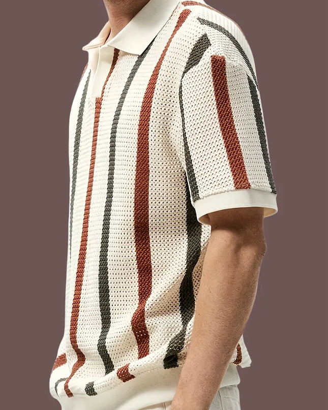 Men's Short Sleeve V-Neck Polo Shirt with Stripes