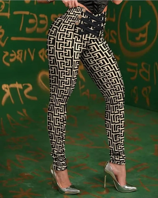 Women's High-Waist Geometric Criss-Cross Button-Detail Pencil Pants