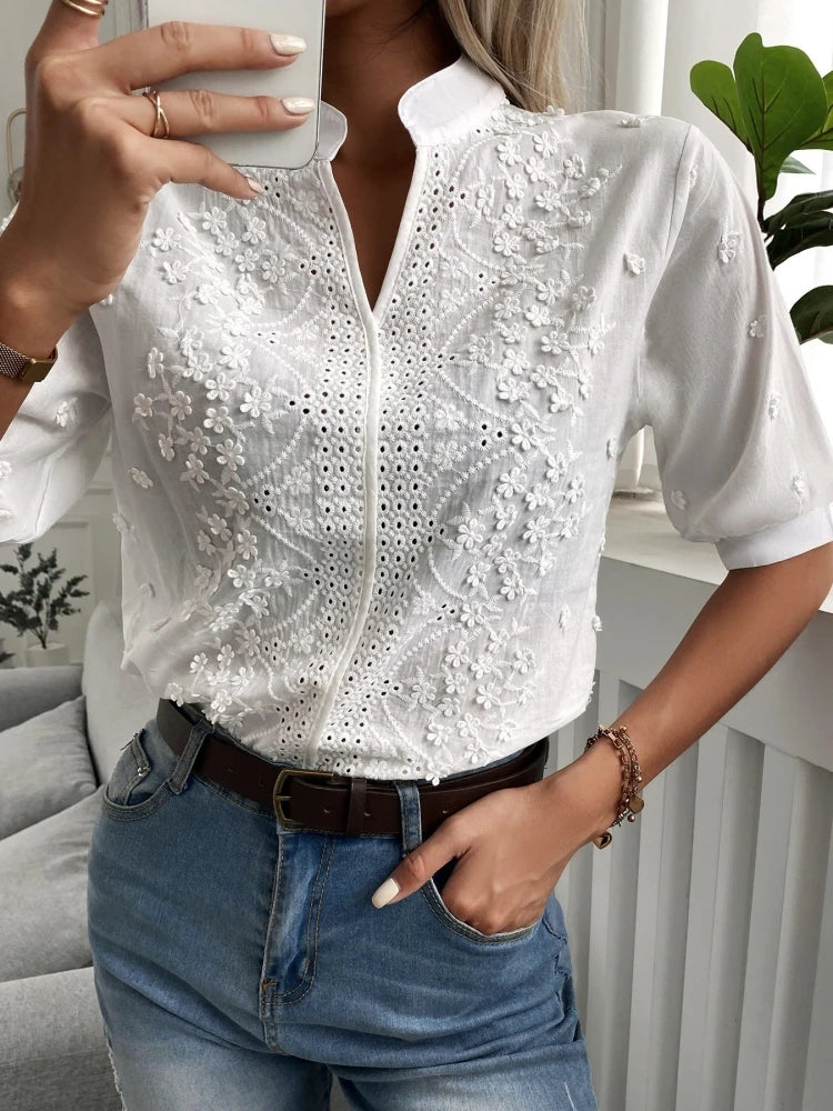 Women's V-Neck Embroidered Cotton Blouse with Lantern Sleeves