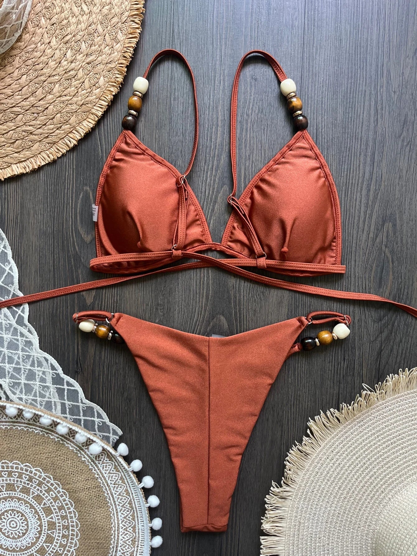 Women's Pearl Strap Bikini with Push-Up Top and Hole Out Design