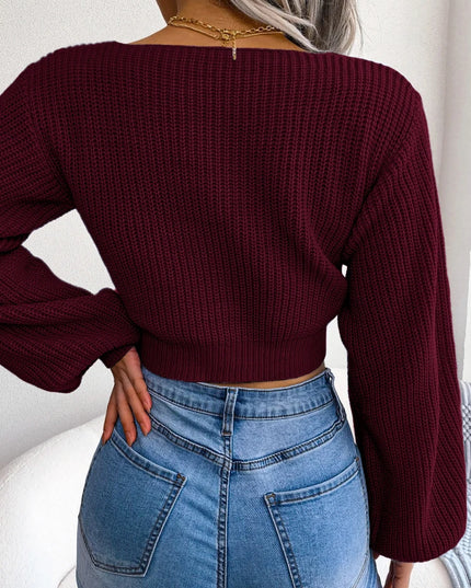 Bow Tie Sweater for Women with Puff Sleeves