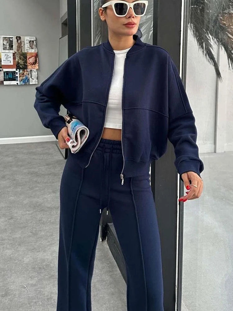 Women's Two-Piece Zipper Jacket and High-Waist Lace-Up Elastic Trousers Set