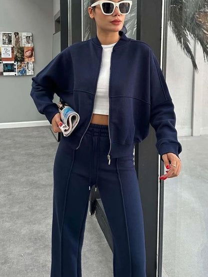 Women's Two-Piece Zipper Jacket and High-Waist Lace-Up Elastic Trousers Set