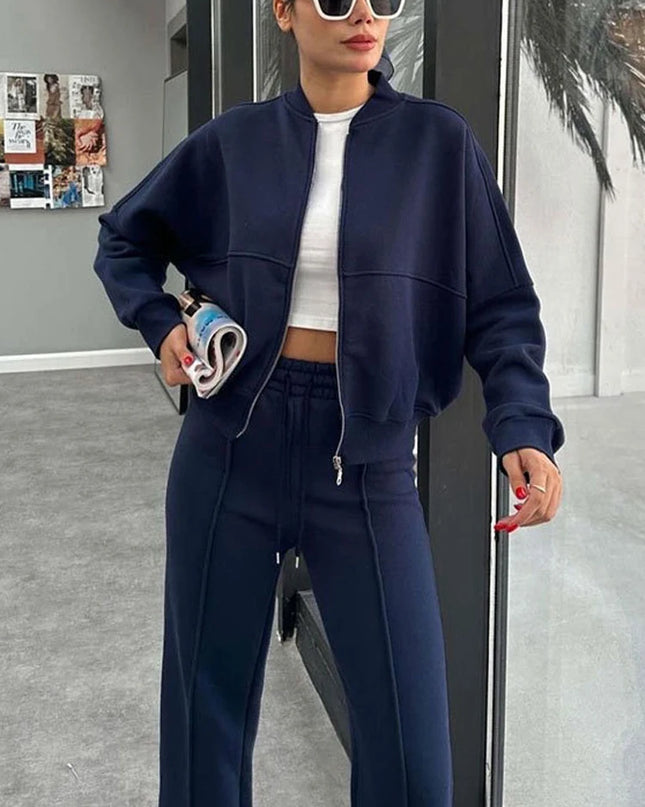 Women's Two-Piece Zipper Jacket and High-Waist Lace-Up Elastic Trousers Set