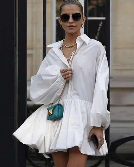 Women's Short Dress with Lapel Collar, Puff Long Sleeves, Split-Joint Pleated Shirt Dress