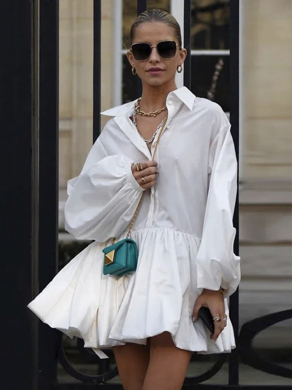Women's Short Dress with Lapel Collar, Puff Long Sleeves, Split-Joint Pleated Shirt Dress