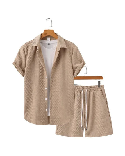 Men's Textured Two-Piece Short Sleeve Shirt and Drawstring Shorts Set