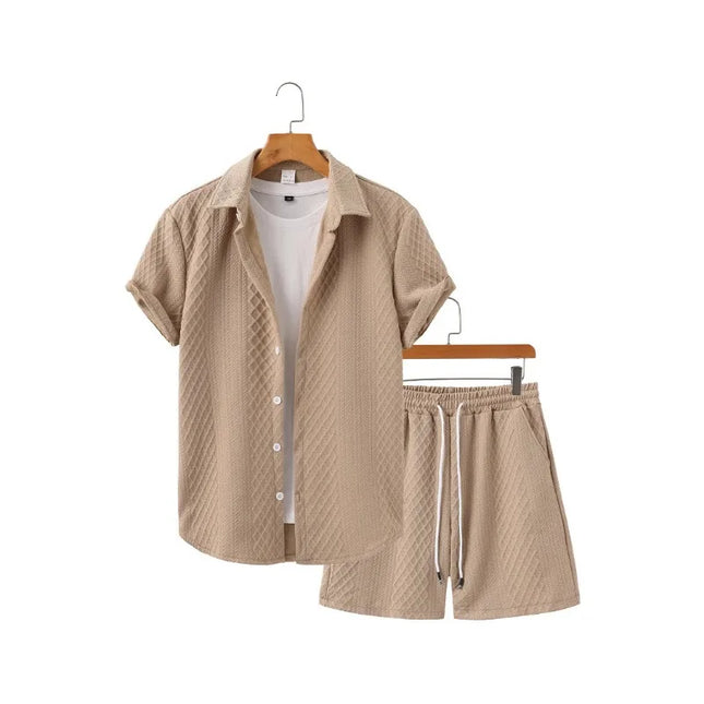 Men's Textured Two-Piece Short Sleeve Shirt and Drawstring Shorts Set