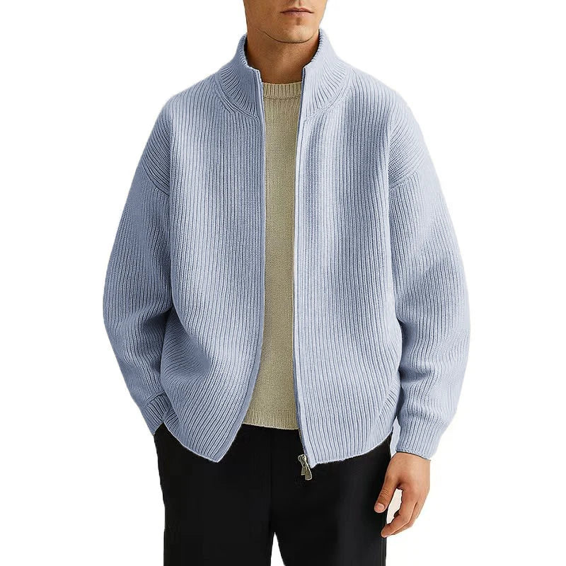 Men's Full Zip Cardigan Sweater with Mock Neck - Ribbed Knitted Men's Casual Sweater