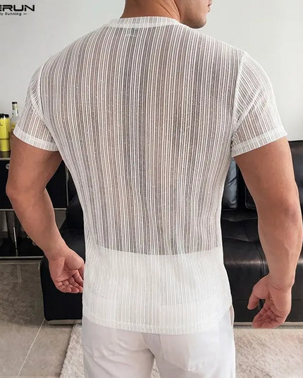 Incerun Men's Mesh See-Through Striped O-Neck T-Shirt