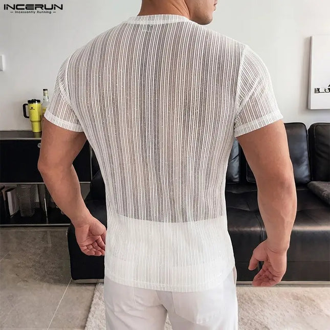 Incerun Men's Mesh See-Through Striped O-Neck T-Shirt