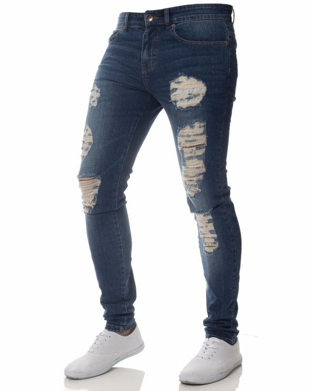 Men's Skinny Slim Fit Ripped Denim Jeans with Stretch, Hole & Patchwork Design