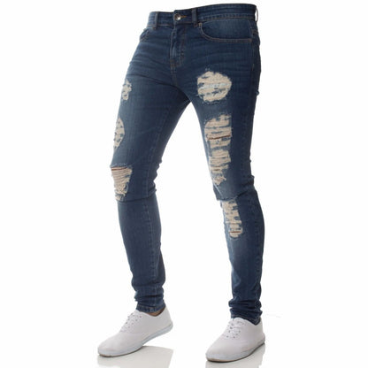 Men's Skinny Slim Fit Ripped Denim Jeans with Stretch, Hole & Patchwork Design