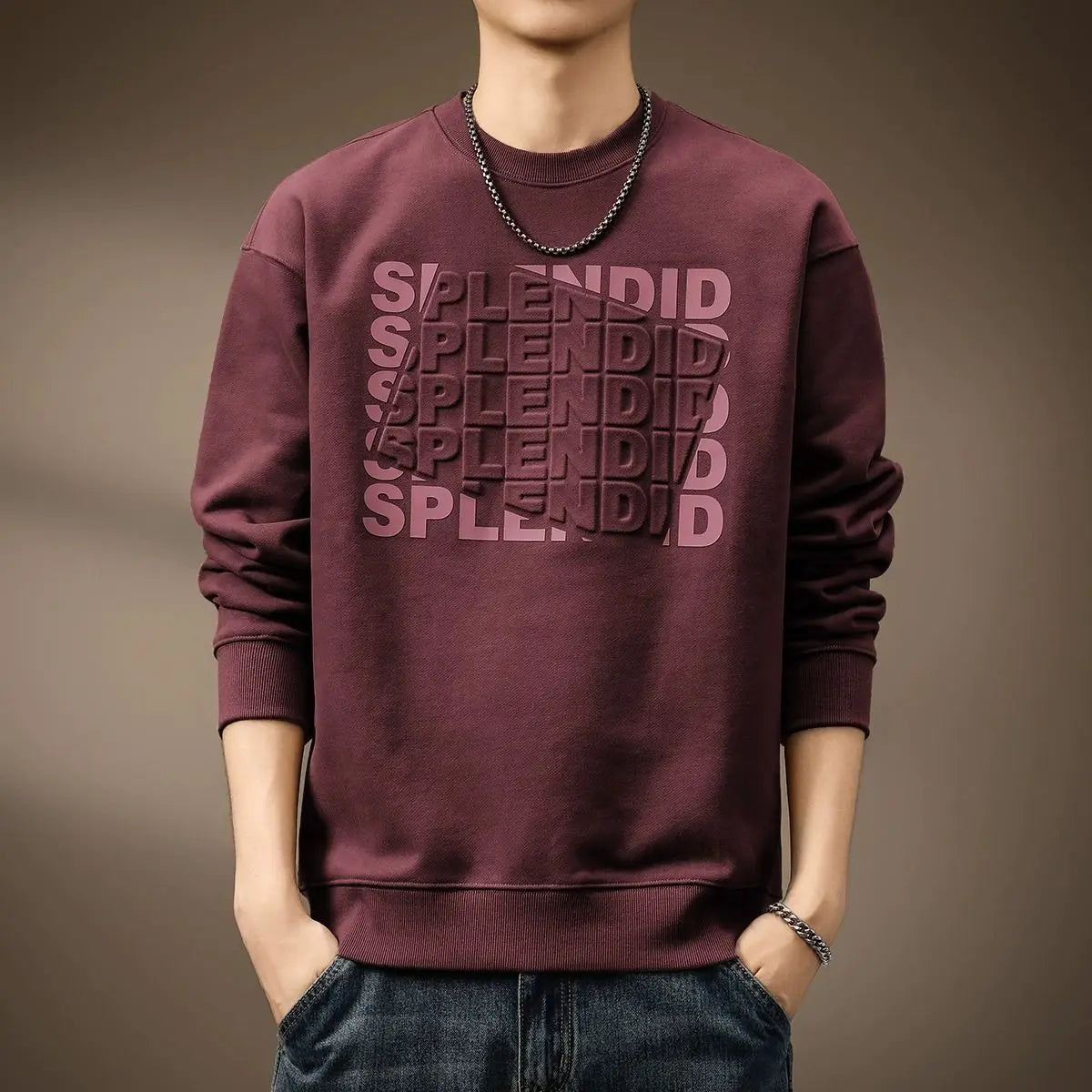 Men's "Splendid" Print Long Sleeve Sweatert – Loose Fit, Round Neck