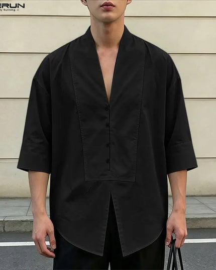 INCERUN Men's V-Neck Half Sleeve Loose Fit Shirt