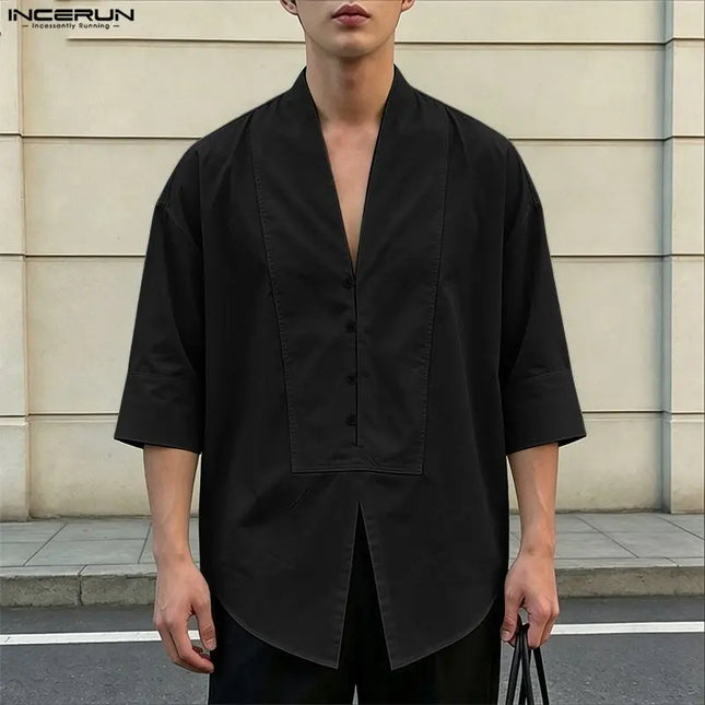 INCERUN Men's V-Neck Half Sleeve Loose Fit Shirt