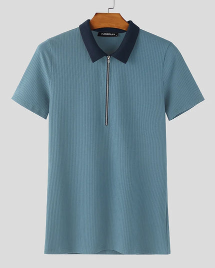 Incerun Men's Knitted T-Shirt with Lapel, Short Sleeve, and Zipper