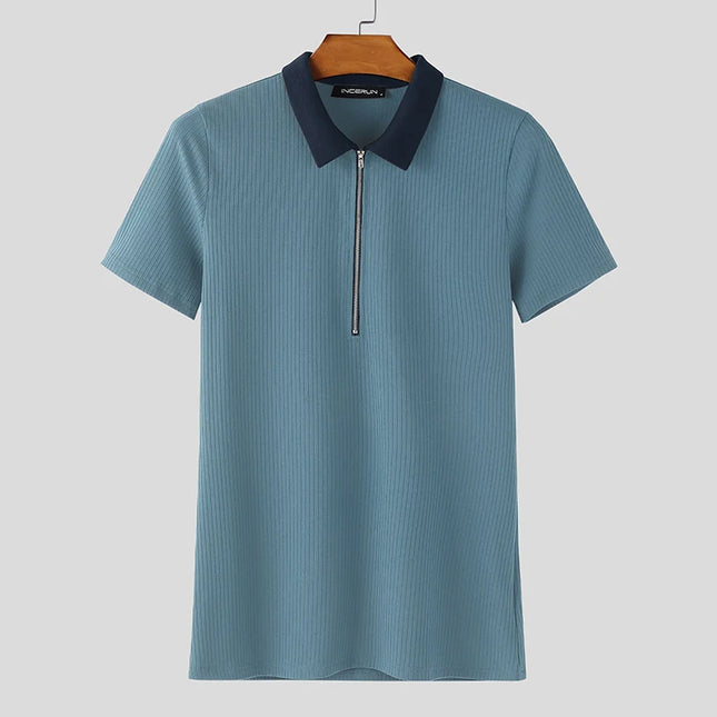 Incerun Men's Knitted T-Shirt with Lapel, Short Sleeve, and Zipper