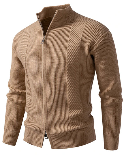 Men's Slim Knit Sweater Jacket with Stand Collar and Zipper