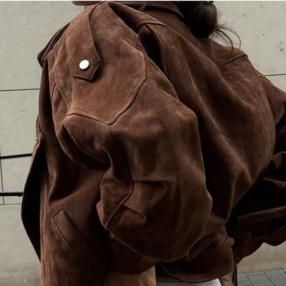 Women's Faux Suede Cropped Jacket with Vintage Lapel & Zipper