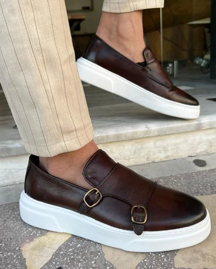Men's Faux Leather Slip-On Shoes with Double Buckle