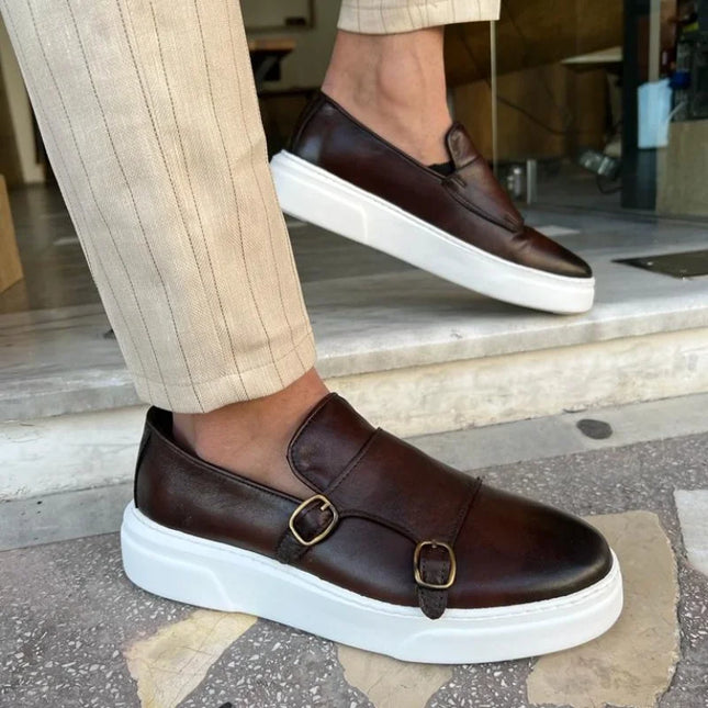 Men's Faux Leather Slip-On Shoes with Double Buckle